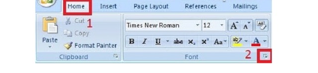 Chọn thẻ Home rồi nhấp chuột vào trong mũi tên nhỏ nằm ở góc dưới bên phải ở Font 