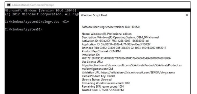 Nhập lệnh slmgr.vbs -dlv, nếu thông báo không đề cập 180 ngày tức là win bản quyền