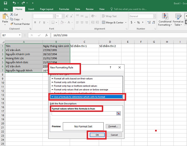 Tại Edit Forrmatting Rule, chọn  Use formula to determine which cells to format. Nhập lệnh lọc vào ô Format values where this formula is true rồi ấn OK