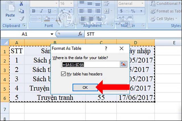 Tạo bảng bằng fomat as table