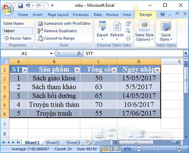 Tạo bảng mặc định với insert table