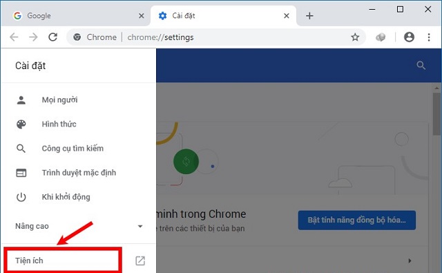 Chọn tiện ích trong chrome