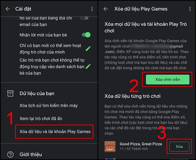 Chọn xóa dữ liệu và tài khoản Play Game