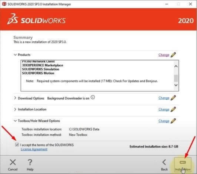 Nhấn “I accept the term of SOLIDWORS”