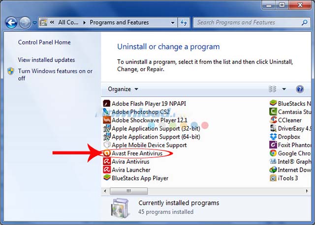 Gỡ bỏ Avast trong Control Panel