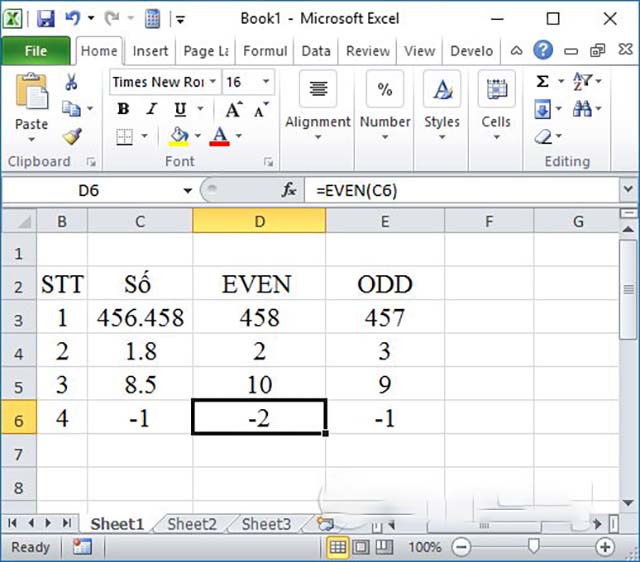 Excel hàm làm tròn số Even