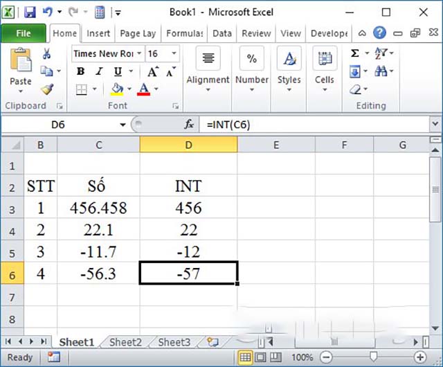 Excel hàm làm tròn số INT