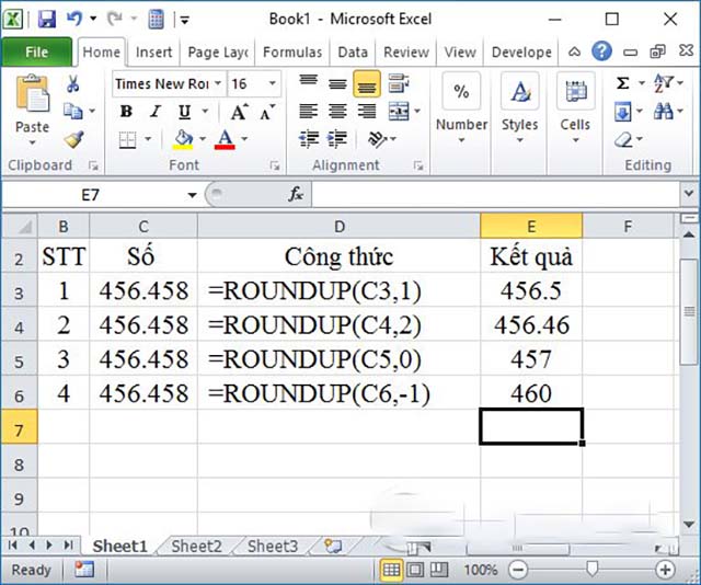 Excel hàm làm tròn số Roundup