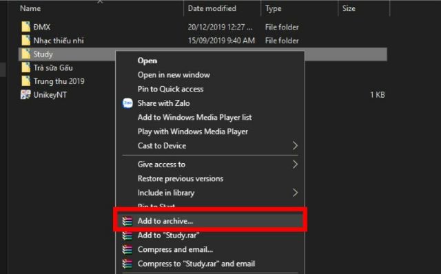 Nhấn chuột phải vào tệp tin và chọn Add to archive