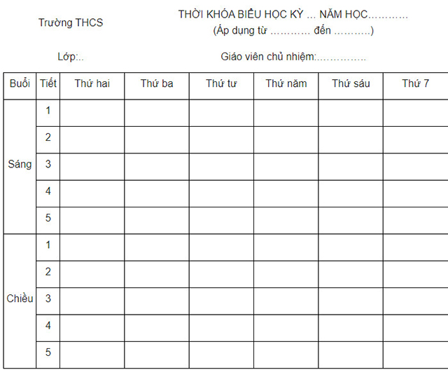 Mẫu thời khóa biểu cho học sinh thcs