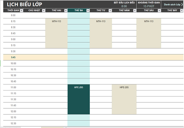 Mẫu thời khóa biểu cho sinh viên
