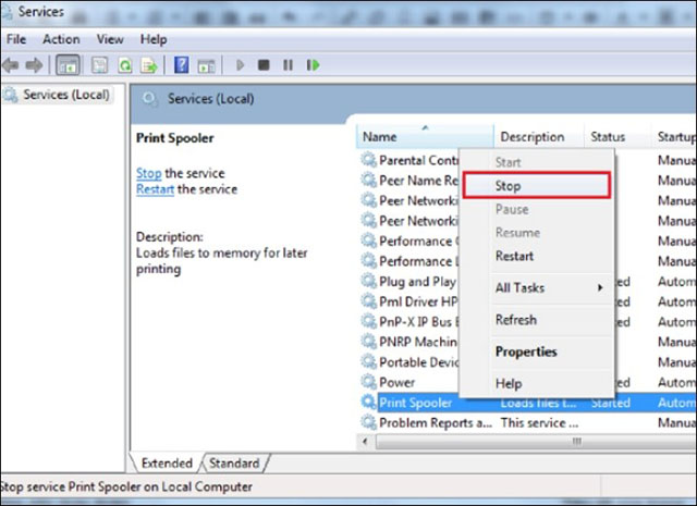 Cách hủy lệnh in bằng services msc