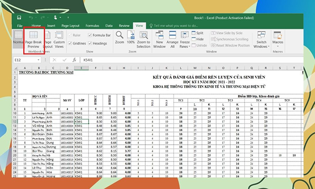 hướng dẫn cách in excel vừa trang A4 bằng page Breaks Preview