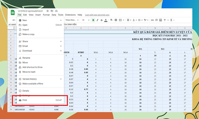 hướng dẫn cách in excel vừa trang A4 bằng google sheet