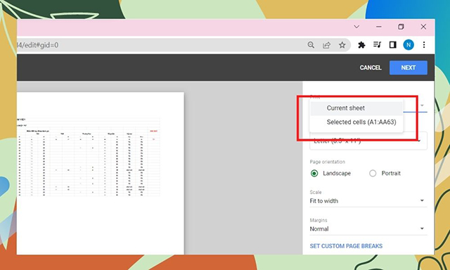 hướng dẫn cách in excel vừa trang A4 bằng google sheet