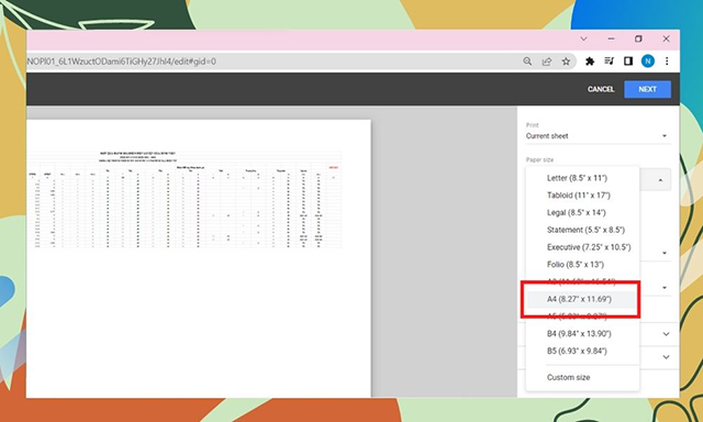 hướng dẫn cách in excel vừa trang A4 bằng google sheet