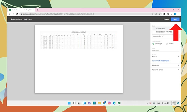 hướng dẫn cách in excel vừa trang A4 bằng google sheet